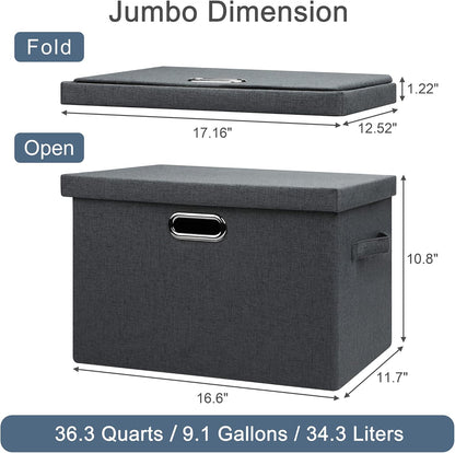 Large 17" 36 Quart Collapsible Stackable Storage Bins with Lids, 3 Packs Dark Gray Foldable Fabric Closet Storage Boxes with Lids, Heavy-duty Linen Cube Baskets(17x12x11)