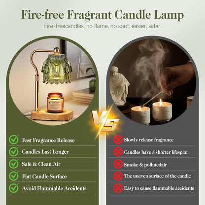 Candle Warmer Lamp with Timer Dimmer, Modern Wax Warmer for Scented Wax Jar Candle Warmer with 2 Bulbs, Adjustable Height Glass Lamp for Gifts for Women, House Warming Gifts, Home Decor, Gold Green