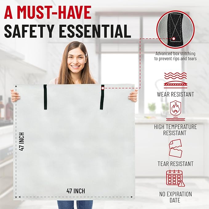 Emergency Fire Blanket for Home and Kitchen - 47"x47" - Must Have Fire Protection - Fire Suppression Fiberglass Fire Blankets for House Camping Car Office Emergency Survival Safety (2 Pack)
