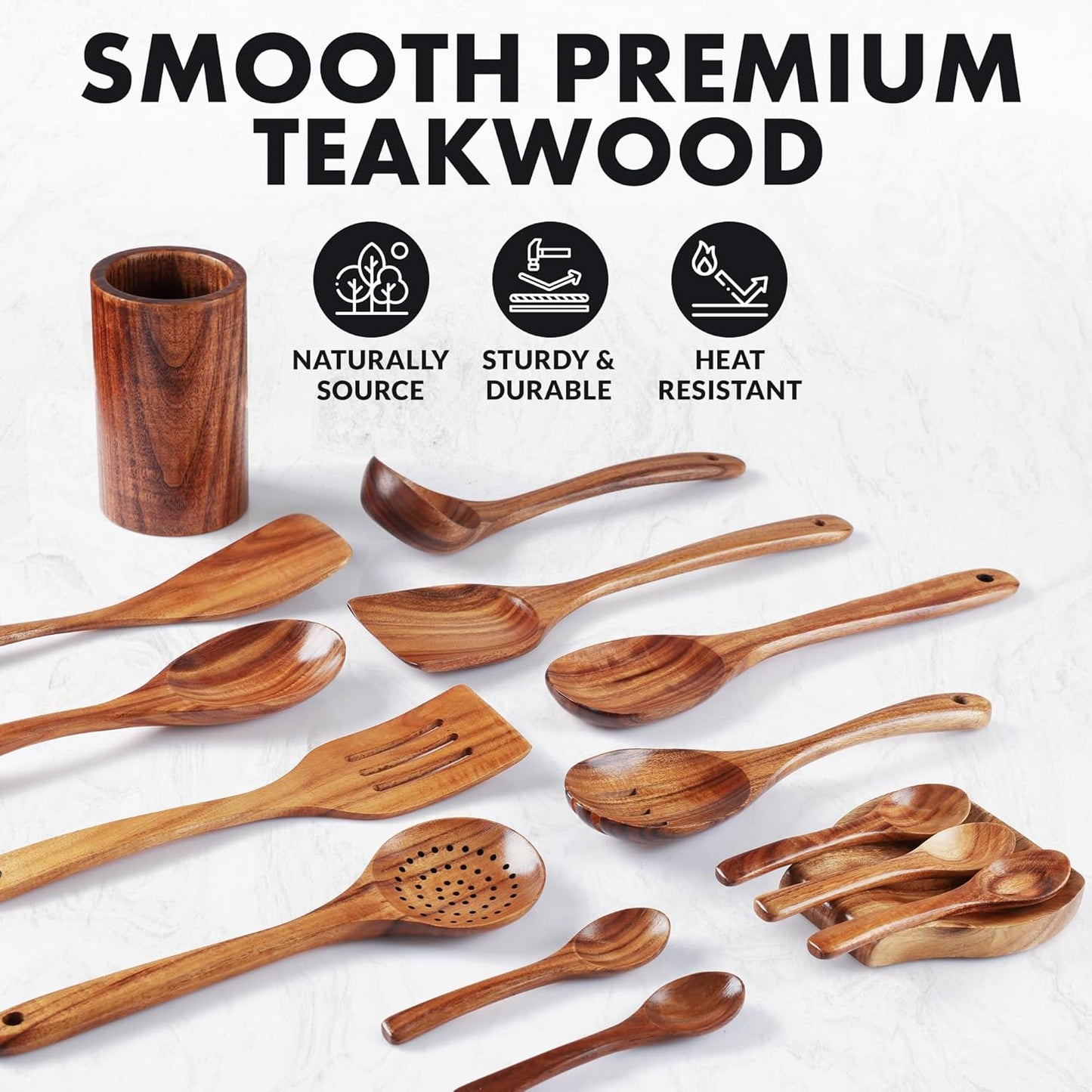 Zulay Kitchen 15-Piece Teak Wooden Utensils for Cooking - Natural Teak Utensil Set with Premium Gift Box - Non-Stick Wooden Spoons for Cooking - Kitchen Gift Set - Comfortable Grip Wooden Utensil Set