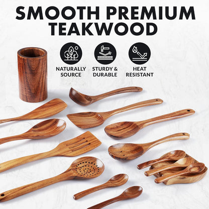Zulay Kitchen 15-Piece Teak Wooden Utensils for Cooking - Natural Teak Utensil Set with Premium Gift Box - Non-Stick Wooden Spoons for Cooking - Kitchen Gift Set - Comfortable Grip Wooden Utensil Set