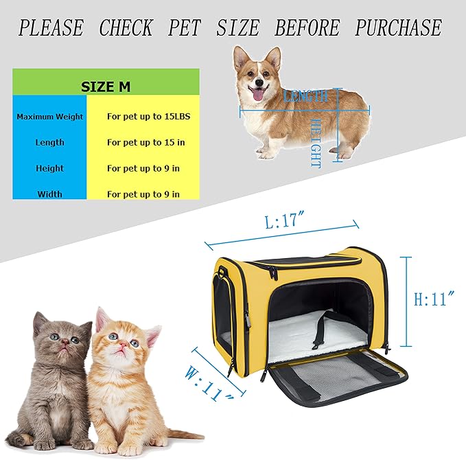 Soft Sided Carrier for Small Medium Cats Dogs,TSA Airline Approved Collapsible Travel Pet Carrier (Medium, Yellow)