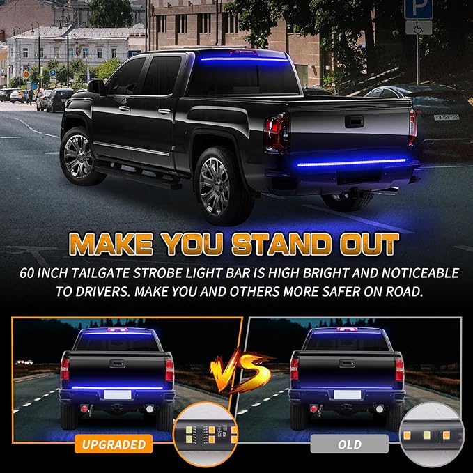 XRIDONSEN 48 inch Tailgate Blue Emergency Lights Strip 288 LED Tail/Rear Window Strobe Light Strip Firefighter Police Lights Flashing Warning Hazard Safety Caution for Vehicles Trucks Pickup POV SUV