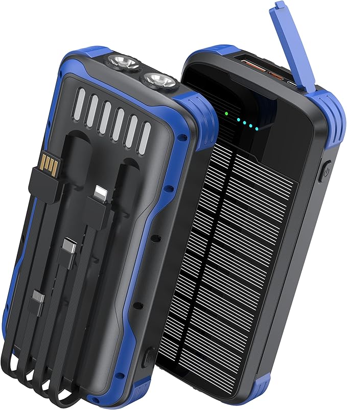Solar Charger Power Bank, PD 20W Fast Charging External Batter, 40000mAh Portable Phone Charger Built in 4 Cables with Dual Bright Flashlights for Camping, Hiking, and Outdoor Use (Blue)