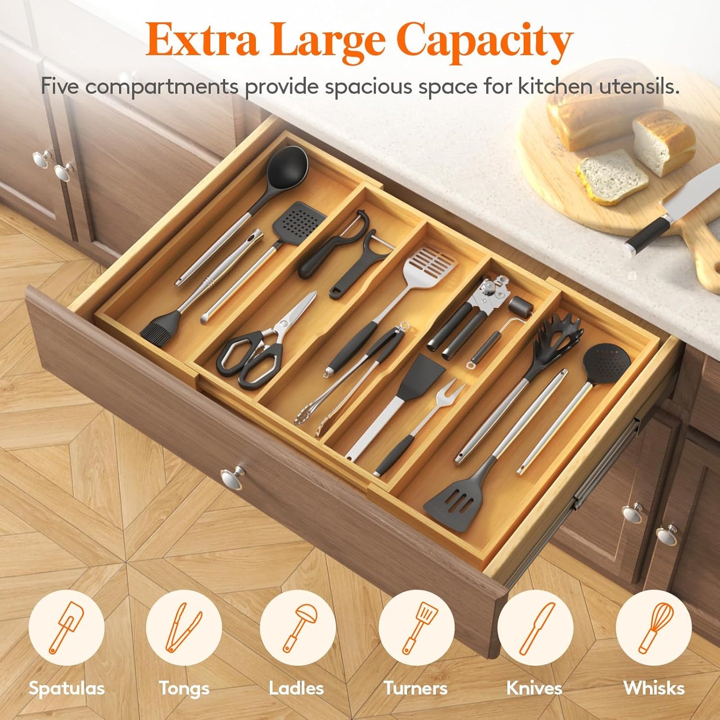 Lifewit Utensil Organizer for Kitchen Drawer, Expandable Cooking Utensil Tray, Bamboo Cutlery Silverware Flatware Holder, Adjustable Spatula Tools Gadget Storage Divider, 28 x18.5 x 2 inches, Natural