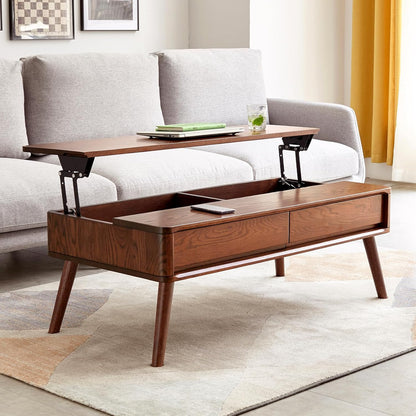 Solid Oak Wood Lift Top Coffee Table for Living Room, Mid Century Modern Tables with Drawers and Large Storage, Coffee Tables for Small Spaces (Oak Walnut Color, 39.37" W x 21.65" D x 25.59" H)