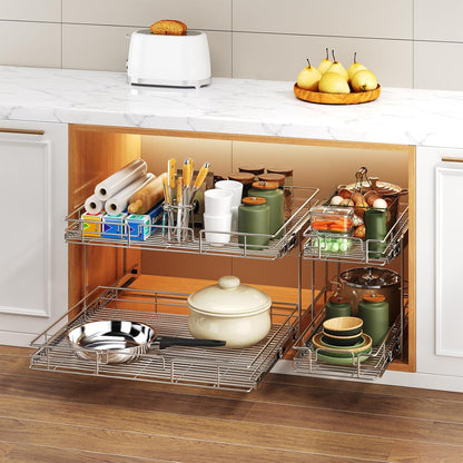 2 Tier Individual Pull Out Cabinet Organizer 31½" W x 21½" D, Heavy Duty Cabinet Pull Out Shelves, Slide Out Drawers Organization for Kitchen Cabinets Bathroom