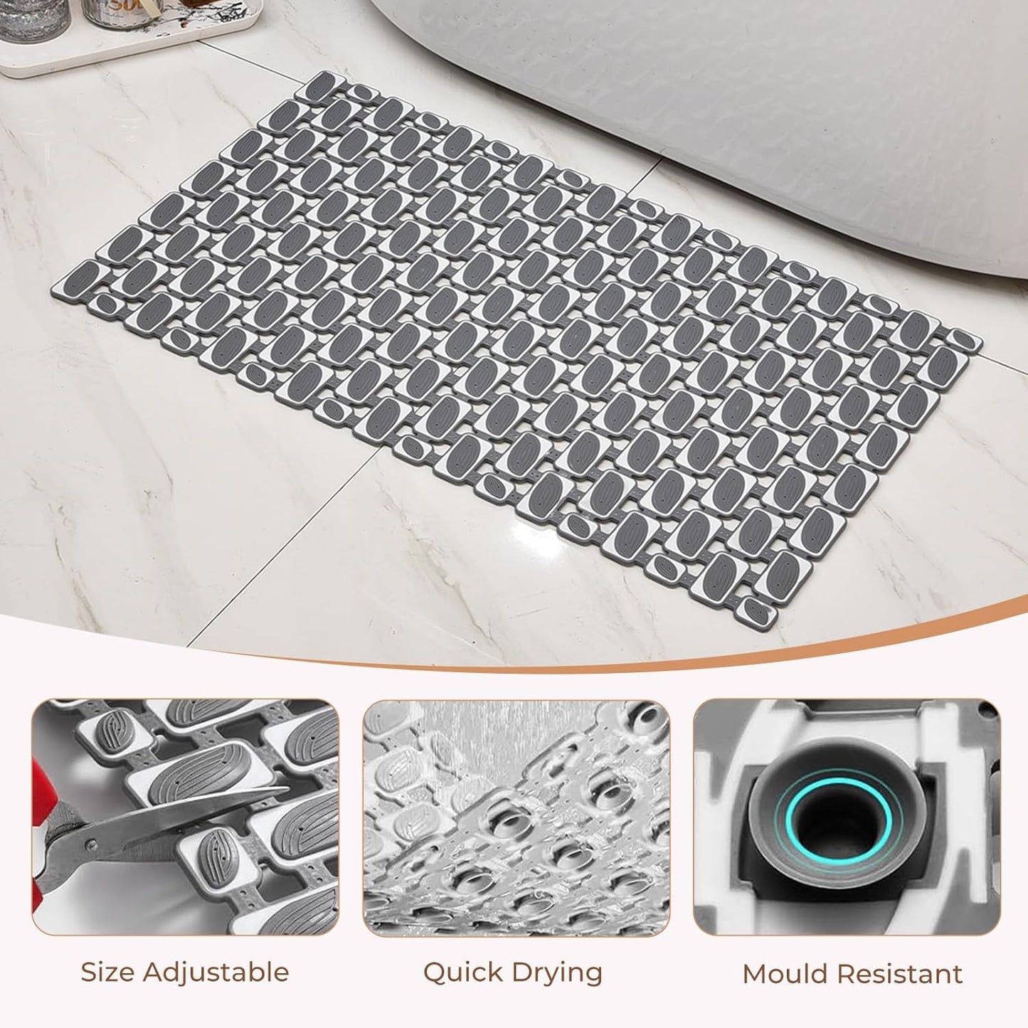 Bathtub Mats Non Slip for Bathroom with Suction Cups and Drain Holes 27.6 * 15.7 Inch Shower Mat for Inside Shower, Quick Dry Bath Mat for Baby Kids Seniors, Easy to Cut Easy Dry