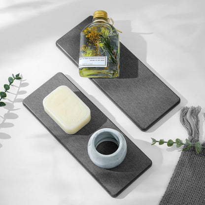 2PCS Bathroom Trays, Water Absorbing Diatomite Stone Quick Drying Mat for Kitchen Counter, Dish Rack Soap Dispenser Sponge Holder Caddy Sink Vanity Organizer, Dark Gray Slate,9"x3.5"