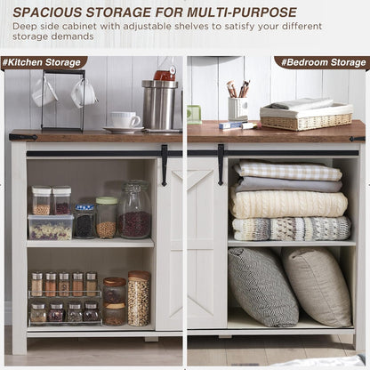 T4TREAM 60'' Farmhouse Dresser Chests for Bedroom w/4 Drawers & Sliding Barn Doors, Tall Chest of Drawers, Rustic Dresser TV Stand, Organizer for Bedroom, Living Room, Kitchen, Antique White