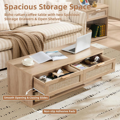 LEYAOYAO Boho Rattan Coffee Table and End Table Sets, 48" Wide Center Tables & 23" Night Stand with 3 Drawers, Natural Wood Coffee Table for Living Room 2 Piece Set
