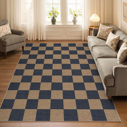 Lahome Checkered Easy Jute Living Room Rugs, 5x7 Dining Room Office Rug Farmhouse Outdoor Patio Carpet, Checkerboard Washable Non Slip Indoor Outdoor Blue Carpet for Backyard Entry Deck