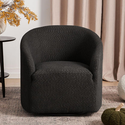 KINWELL 32" Wide Modern Boucle Swivel Barrel Chair, No Assembly Round Upholstered Swivel Accent Armchair for Living Room, Bedroom, Office (Black)