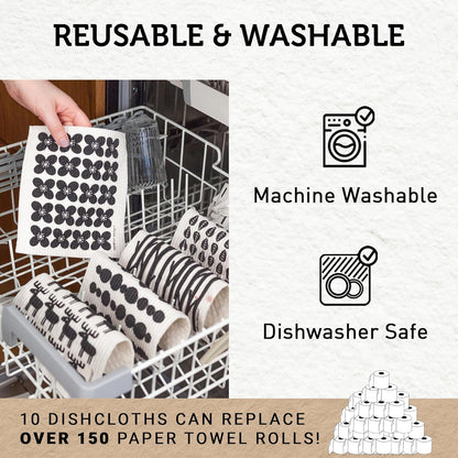 Nordhus Design Swedish Dishcloths, 10 Cloths, Made in Sweden - Reusable, Washable Cellulose Cotton Kitchen Cloths - Replace Paper Towels, Wipes, Sponges, Dish Rags