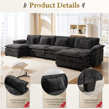 URRED Modular Sectional Sofa Comfy Cloud Couch, Modern Chenille Sofa Sleeper Deep Seat Couches with Ottoman/Pillows for Living Room (Black, 154'' - U Shape)