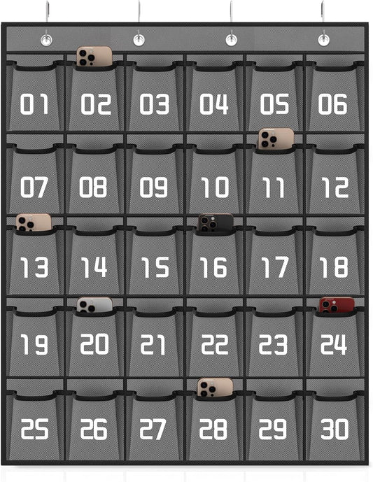 Loghot Classroom Accessories Closet Pocket Chart for Cell Phones Holder Wall Door Hanging Organizer (30 Pockets Gray)