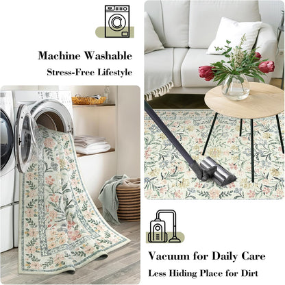 Wonnitar Washable 6x9 Area Rugs, Soft Floral Rug for Bedroom Kids Playroom Light Colored Carpet, Non Slip Ultra-Thin Indoor Beige Carpet for Living Room Classroom Office