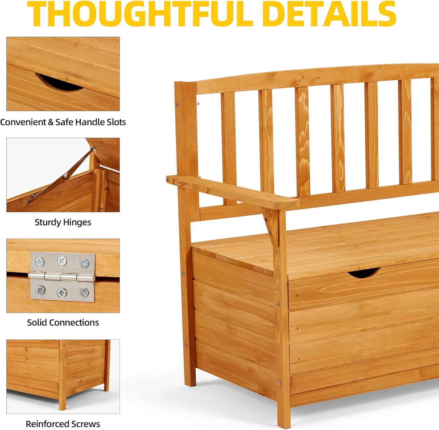 AVAWING Outdoor Storage Bench, Wooden Garden Bench Weatherproof, Patio Benches for Outside, 2-Seat Front Porch Bench, Park Bench for Deck, Lawn, Backyard (Yellow)