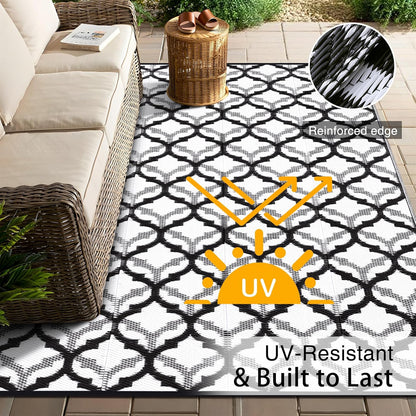 OLANLY Reversible Outdoor Rug 8x10 ft Clearance, Waterproof Outdoor Plastic Straw Rug with Interlacing Pattern, RV Mat for Patio, Camping, Balcony, Deck, Backyard, Black & White