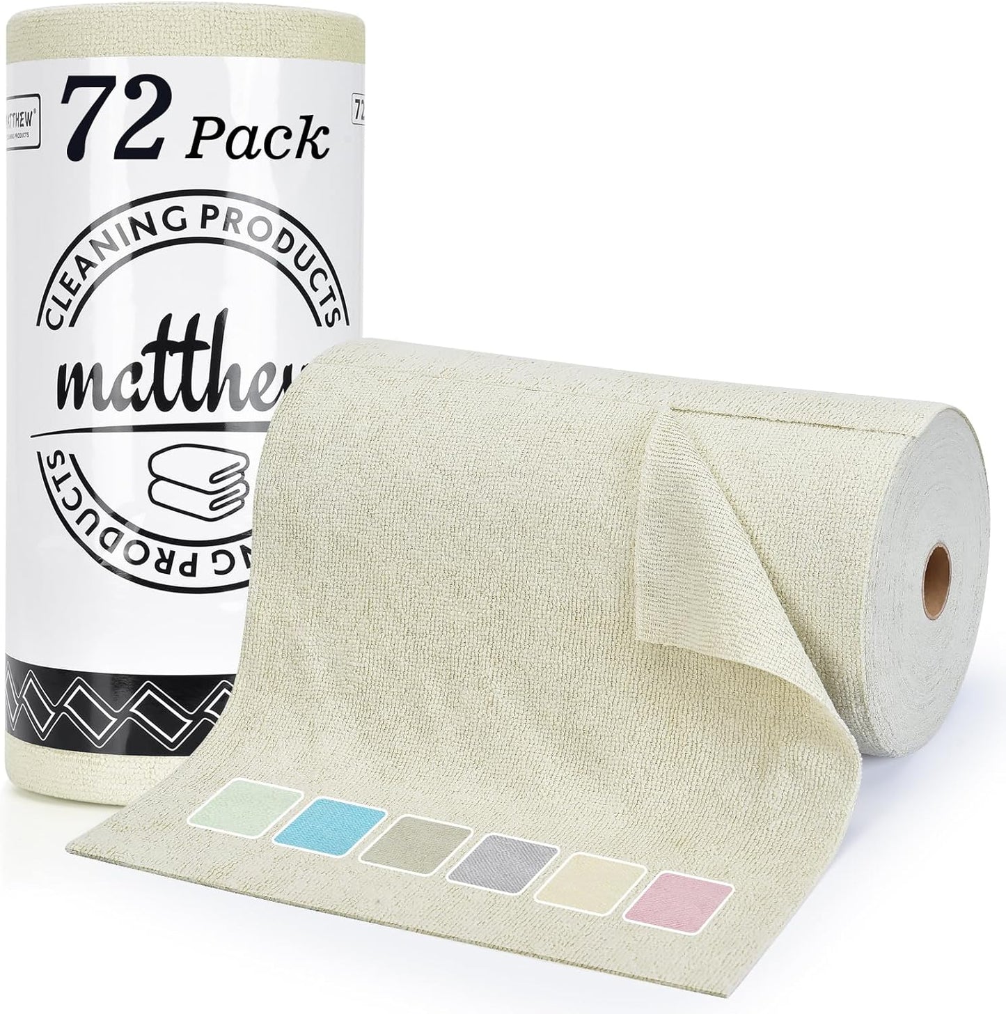 Matthew Microfiber Cleaning Cloth Roll 72Pack (12" x 12") Reusable Paper Towels&Washable Tear Away Towels,Ultra Water Absorbent Lint&Streak Free Cleaning Rags for Glass,Dishwash,Bathroom,Cars-Beige