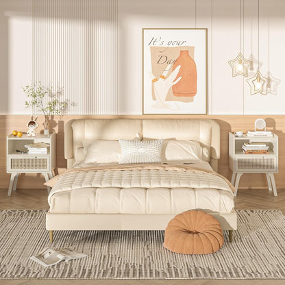 Lerliuo Rattan Nightstand, Side Table with Drawer Open Shelf, Cane Accent Bedside End Table with Solid Wood Legs, Mid Century Modern Night Stand for Bedroom, Dorm and Small Spaces (Grey White)