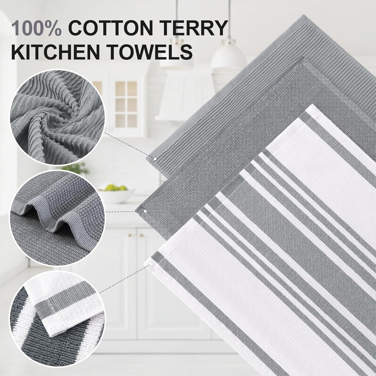 Homaxy Premium Kitchen Towels(18”x 28”, 12 Pack), Large Cotton 380 GSM Kitchen Hand Towels, Soft and Absorbent Terry Dish Towels, Multipurpose Tea Towel Set with Hanging Loop, Grey