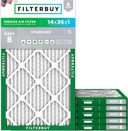 Filterbuy 14x36x1 Air Filter MERV 8 (MPR 700) Dust Defense Replacement (6-Pack), Electrostatic Pleated HVAC AC Furnace Filters, Made in USA (Actual Size: 13.50 x 35.50 x 0.75)