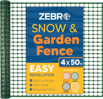 ZEBRO 4' x 50' Green Plastic Garden Fence Roll – Light Duty Mesh Fencing for Temporary Fence, Snow, Garden Netting, Animal Barrier, Agricultural Fencing & Lawn Protection