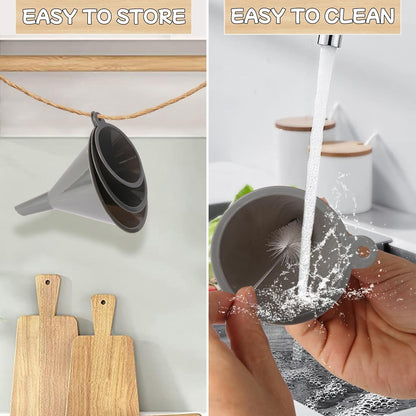 Plastic Kitchen Funnel Set of 3 with Clean Brush, Round Food Funnels for Kitchen Use, Multifunctional Funnels for Filling Canning&Bottles, Suitable for Cooking, Lab and Automotive Use