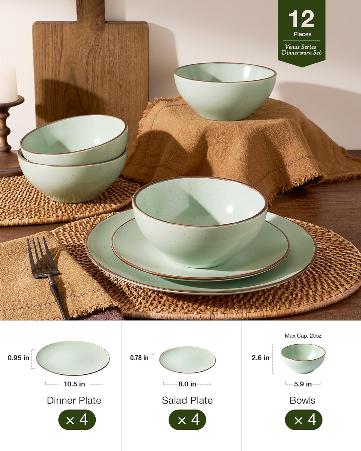 Famiware Venus Plates and Bowls Sets, 12 Pieces Stoneware Speckled Dinnerware Sets, Dishes Set for 4, Microwave and Dishwasher Safe, Matte Light Green