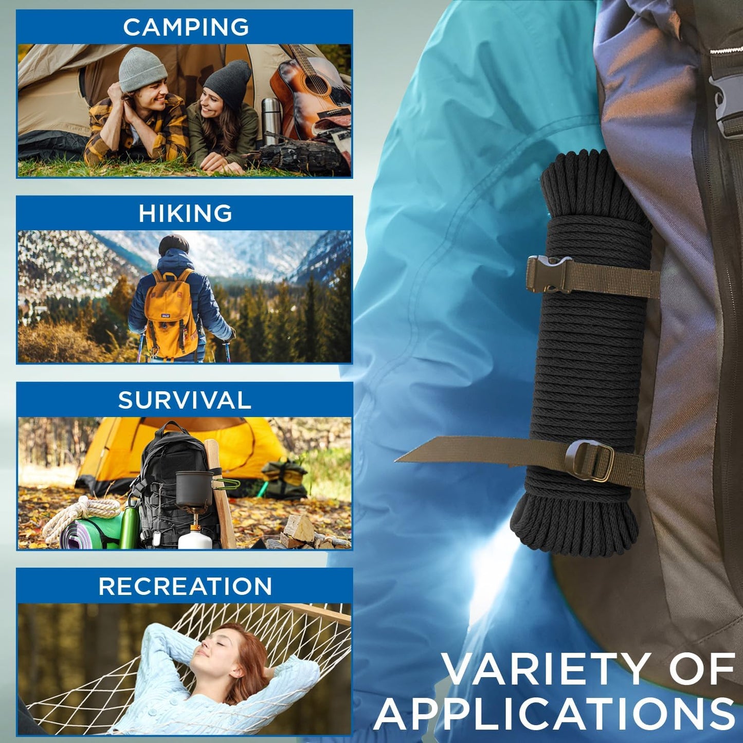 TECEUM Cotton Rope 3/16” (5 mm) – 100 FT – Strong All-Purpose Braided Rope – Natural Cotton – for Crafting, Сamping, Clothes Line, DIY, Indoor & Outdoor Use – Black