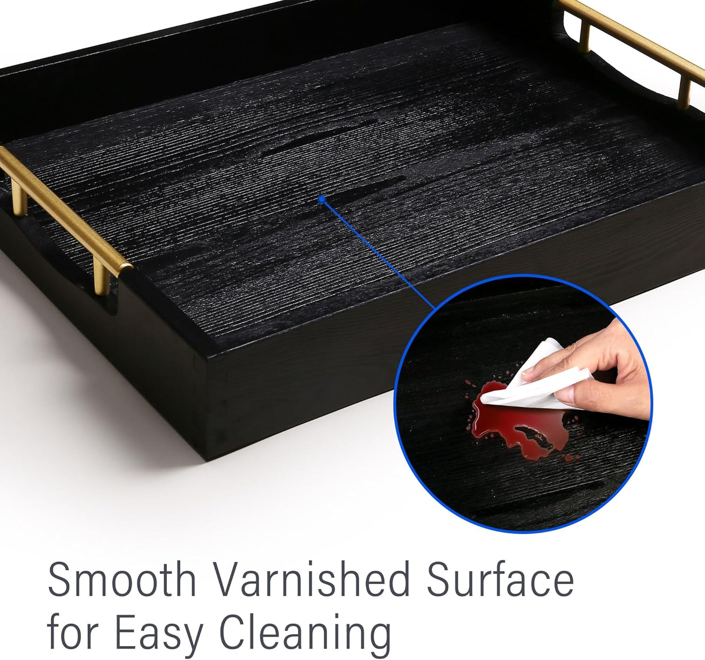 LotFancy Wood Serving Tray, 17x13”, Large Ottoman Tray with Metal Handles, Decorative Wooden Tray for Living Room, Ottoman, Coffee Table, 2 Skidproof Coasters Included, Black