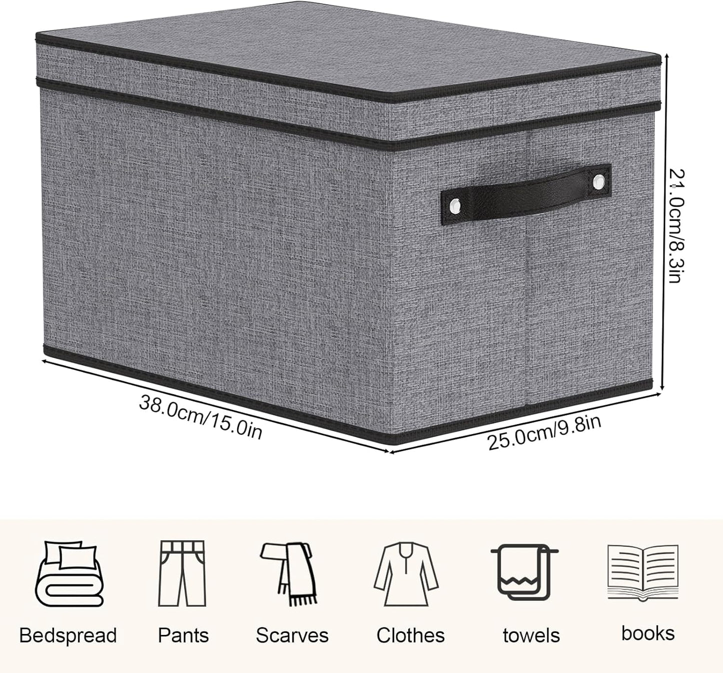 Storage Boxes, 15 x 9.8 x 8.3 Inch Baskets for Organizing with Lids, Fabric Bins with Handles, Decorative Linen Closet Organizers, Gray, 3 Pack