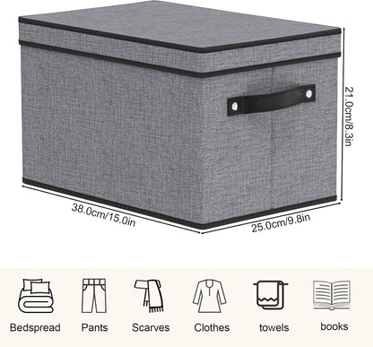 Storage Boxes, 15 x 9.8 x 8.3 Inch Baskets for Organizing with Lids, Fabric Bins with Handles, Decorative Linen Closet Organizers, Gray, 5 Pack