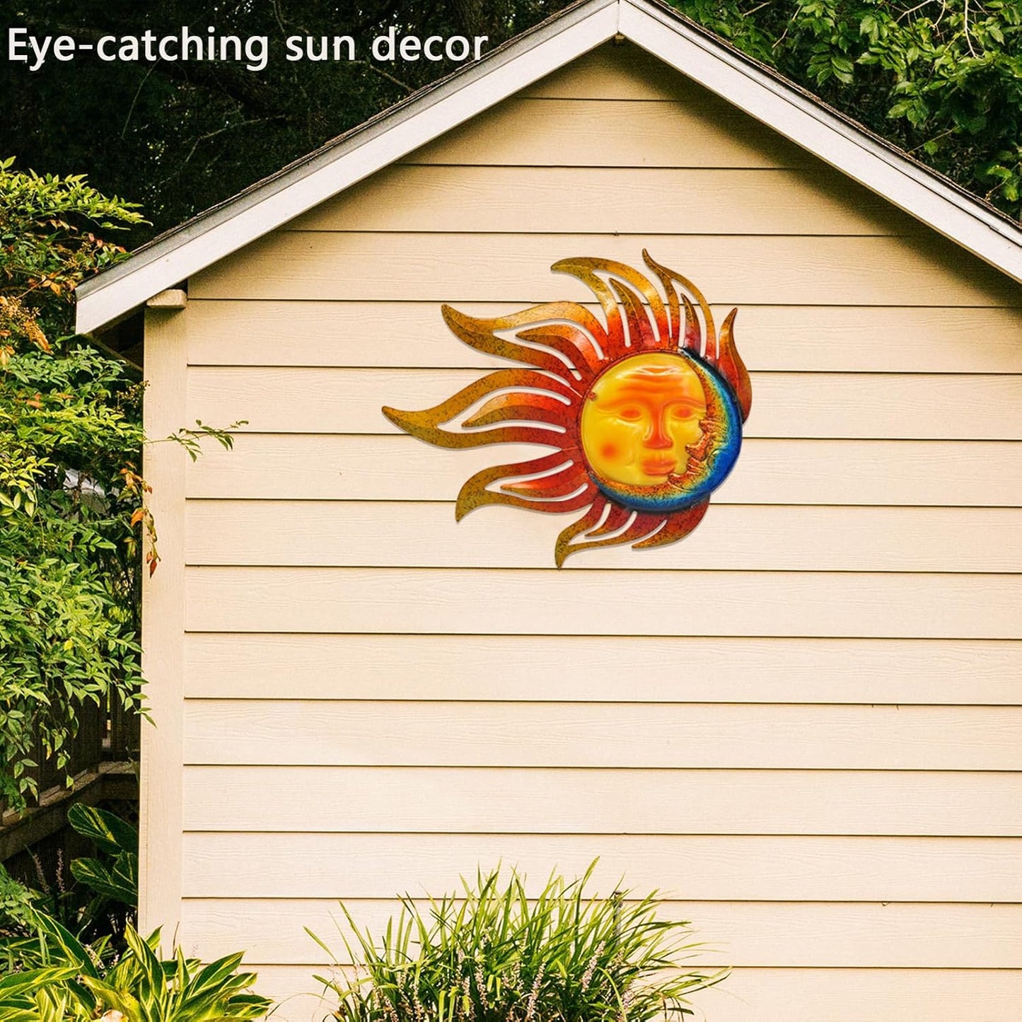 Tuokiuhn Large Sun Metal Outdoor Wall Art Decor Metal Sun Moon Wall Decor Outdoor Art Hanging Living Room Garden 28 Inch