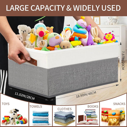 6 Pack Closet Storage Bins, Storage Baskets for Shelves, Linen Closet Organizers and Storage with Leather Handles for Clothes,Towels, Sheets, Jeans, Toys, Books (Grey and White)