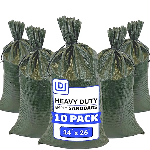 DURASACK Heavy Duty Sand Bags with Tie Strings Empty Woven Polypropylene Sand-Bags for Flood Control with 1600 Hours of UV Protection, 50 lbs Capacity, 14x26 inches, Green, Pack of 10