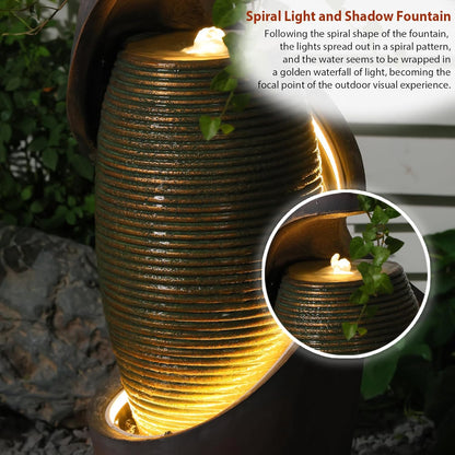 29.5’’H Modern Outdoor Fountain - Curved Spiral Waterfall Indoor/Outdoor with LED Light & Planter Bowl, Resin Garden Fountains for Patio, Yard, Backyard, Porch, Home Art Decor, 11.8" L x 11.8" W