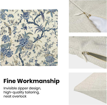 CXMEIFLY Spring Floral Birds Pillow Covers 24 x 24 Inch Set of 2 for Chinoiserie Flowers Decor Throw Pillows Blue and White Plant Outdoor Decorative Cushion Cases for Couch Bed Decorations