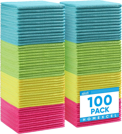 HOMEXCEL Microfiber Cleaning Cloth,100 Pack Cleaning Rags, Cleaning Towels with 4 Color Assorted, 11.5"X11.5" Shop Towels (Green/Blue/Yellow/Pink)