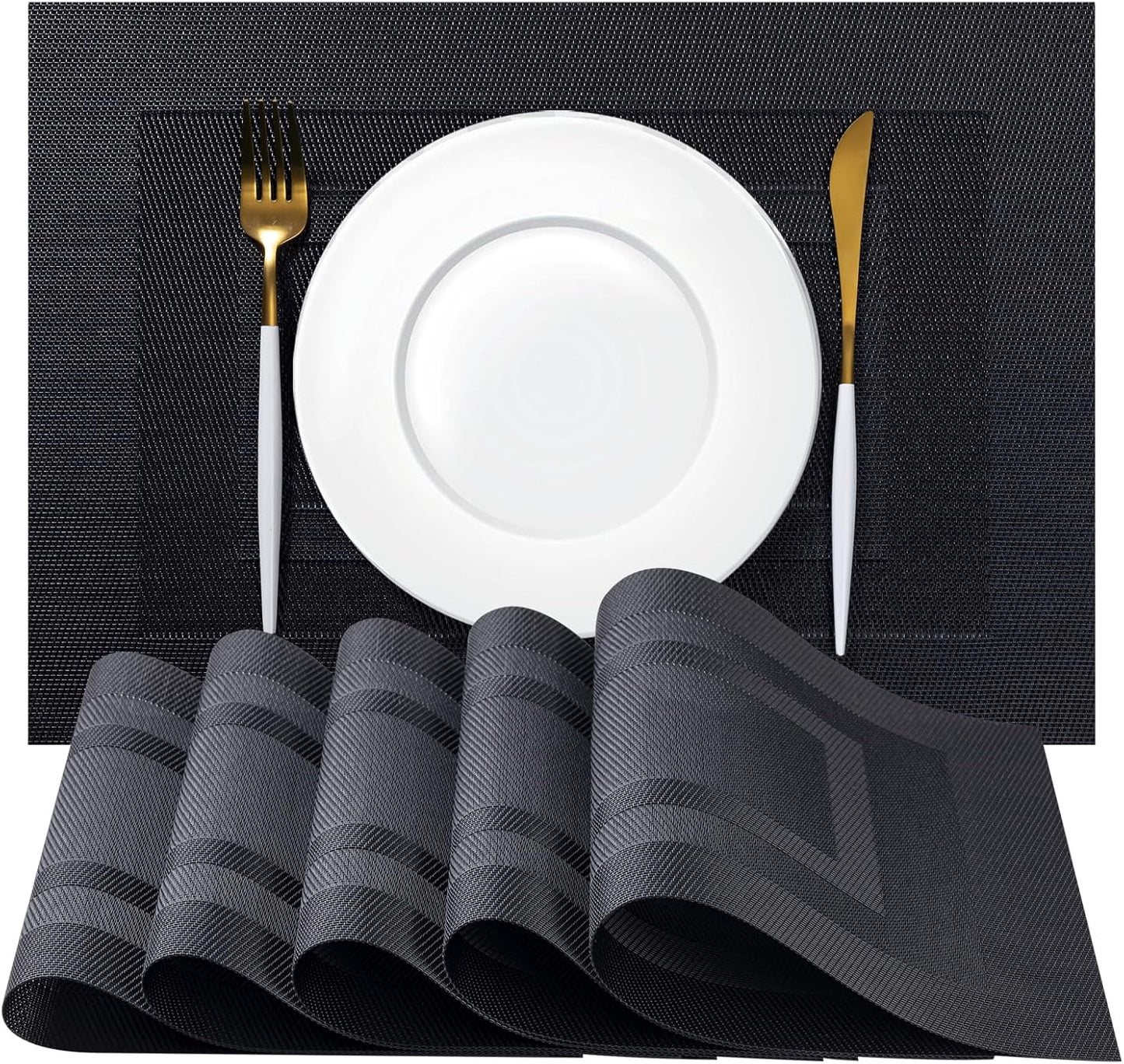 Placemats Set of 8 - Easy Clean Woven Vinyl Placemats for Dining Table, Indoor/Outdoor Place Mats, Washable PVC Table Mats（Black Cube）
