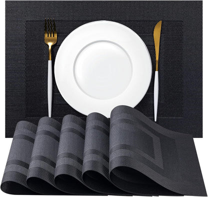 Placemats Set of 6 - Easy Clean Woven Vinyl Placemats for Dining Table, Indoor/Outdoor Place Mats, Washable PVC Table Mats（Black Cube）
