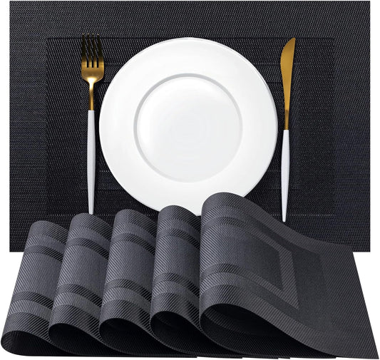 Placemats Set of 6 - Easy Clean Woven Vinyl Placemats for Dining Table, Indoor/Outdoor Place Mats, Washable PVC Table Mats（Black Cube）