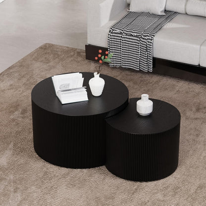 Round Nesting Coffee Table Set of 2 Handcraft Circle Fluted Nesting Coffee Tables Circular Side Table Drum Accent End Tables for Living Room Bedroom (Black Small)