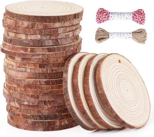 30 Pcs Wood Slices For Crafts, 1.7"-2.3” Pre-Drilled Holes Wood Rounds, 66 Feet Twine String, Wooden Circles For Crafts Burning Painting Diy Crafts Christmas Wedding Party Wedding Decor Party