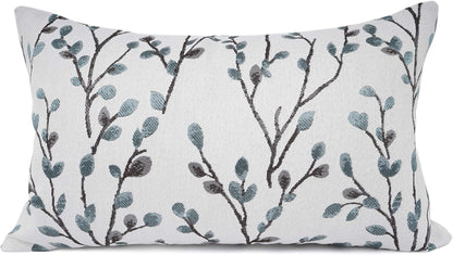 YOUR SMILE Classical Embroidery Jacquard Farmhouse Oblong Rectangle Chenille Teal Leaf Decorative Throw Pillow Case,12x20 inch