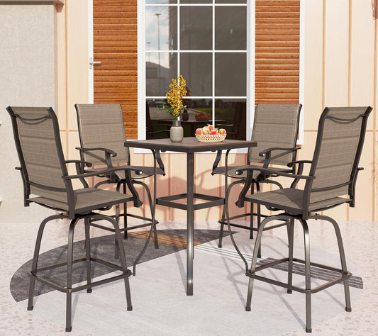 PHI VILLA Outdoor Bar Set with 4 Swivel Bar Height Patio Chairs, Wooden-Like Patio Bar Table and Chairs Furniture Set with Brown Padded Textilene Fabric for Outside, Garden and Deck