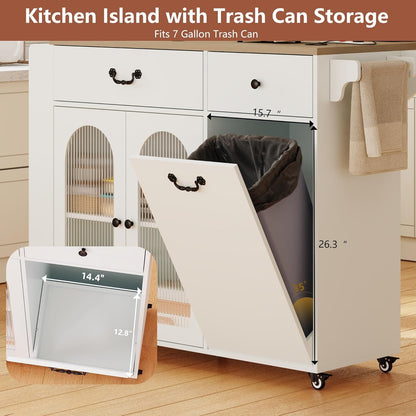 Kitchen Island with Drop Leaf & Power Outlet, Rolling Kitchen Island on Wheels with Trash Can Storage, Island Table Bar Cart with Spice Rack, Towel Rack, Drawers, Mobile Kitchen Carts on Wheels