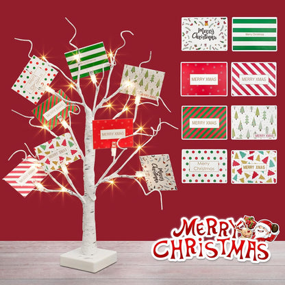 EAMBRITE Christmas Tree with Gift Cards, Money Tree Gift Holder, White Lighted Birch Tree Tabletop 2 FT 24 LED, Light Up Display Twig Gift Card Tree with 8 Clear Clips for Home Christmas Decorations