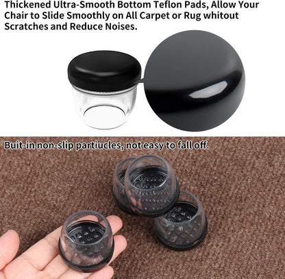 Ezprotekt 24 Pcs Clear Chair Leg Sliders for Carpet, Round Teflon Furniture Glides for Rug, Carpet Sliders Protectors Caps for Dining Table Chair, Bar Stool Legs (L Fit: 1-1/10" to 1-3/10")